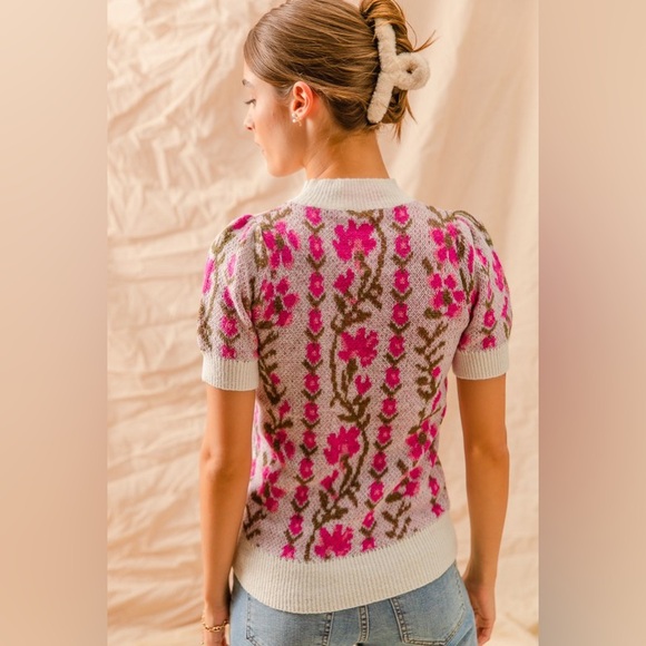 Fuchsia floral intarsia Puff Sleeve boho bohemian ribbed Tunic Top sweater - Picture 6 of 8